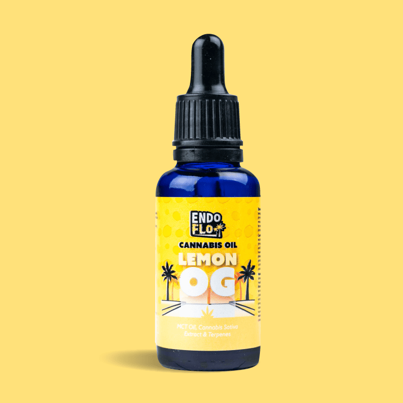 EndoFlo Full Spectrum Cannabis OIl Tincture 500mg - Lemon OG on Yellow Background